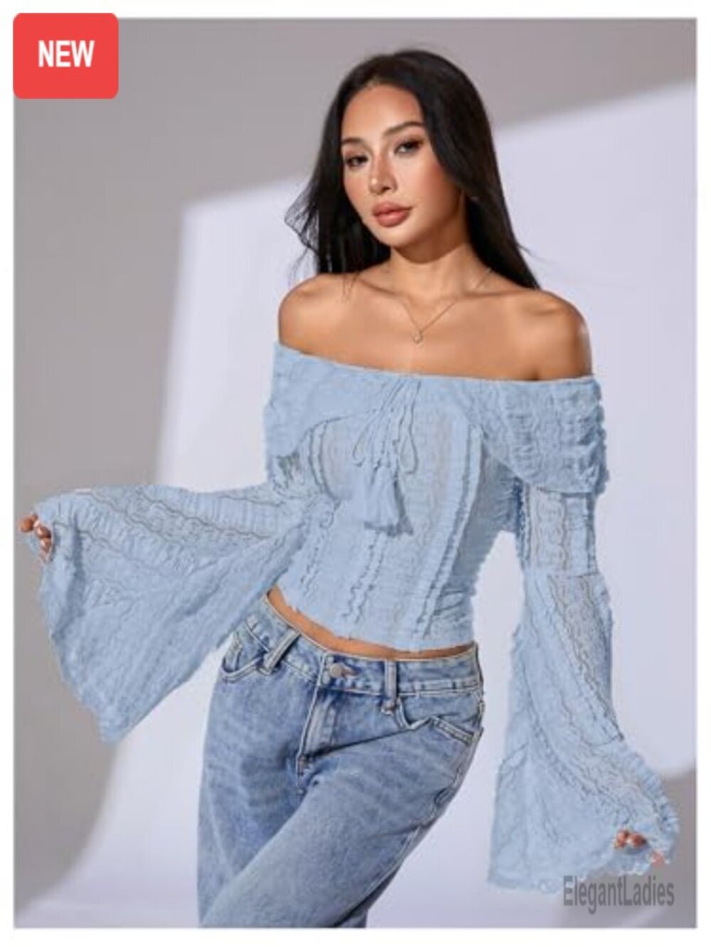 Off Shoulder Lace Tank Top Bell Sleeve Crop Top Going Out Y2K Summer Top - Picture 5 of 5